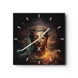 Horloge murale - Pendule murale - Bouddha doré sur fond sombre avec ornements - 30x30cm - Équilibre spirituel - Décoration murale moderne pour le salon et la chambre ARTTOR