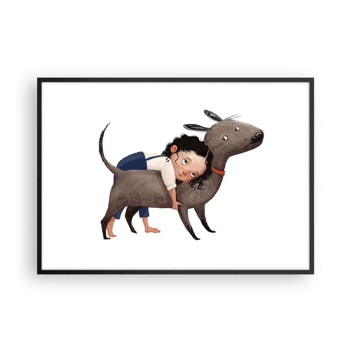 Affiche dans un cadre noir - Poster - Illustration de style dessin animé d'un enfant serrant un chien dans ses bras - 100x70cm - Les meilleurs amis - Décoration murale moderne pour le salon et la chambre ARTTOR