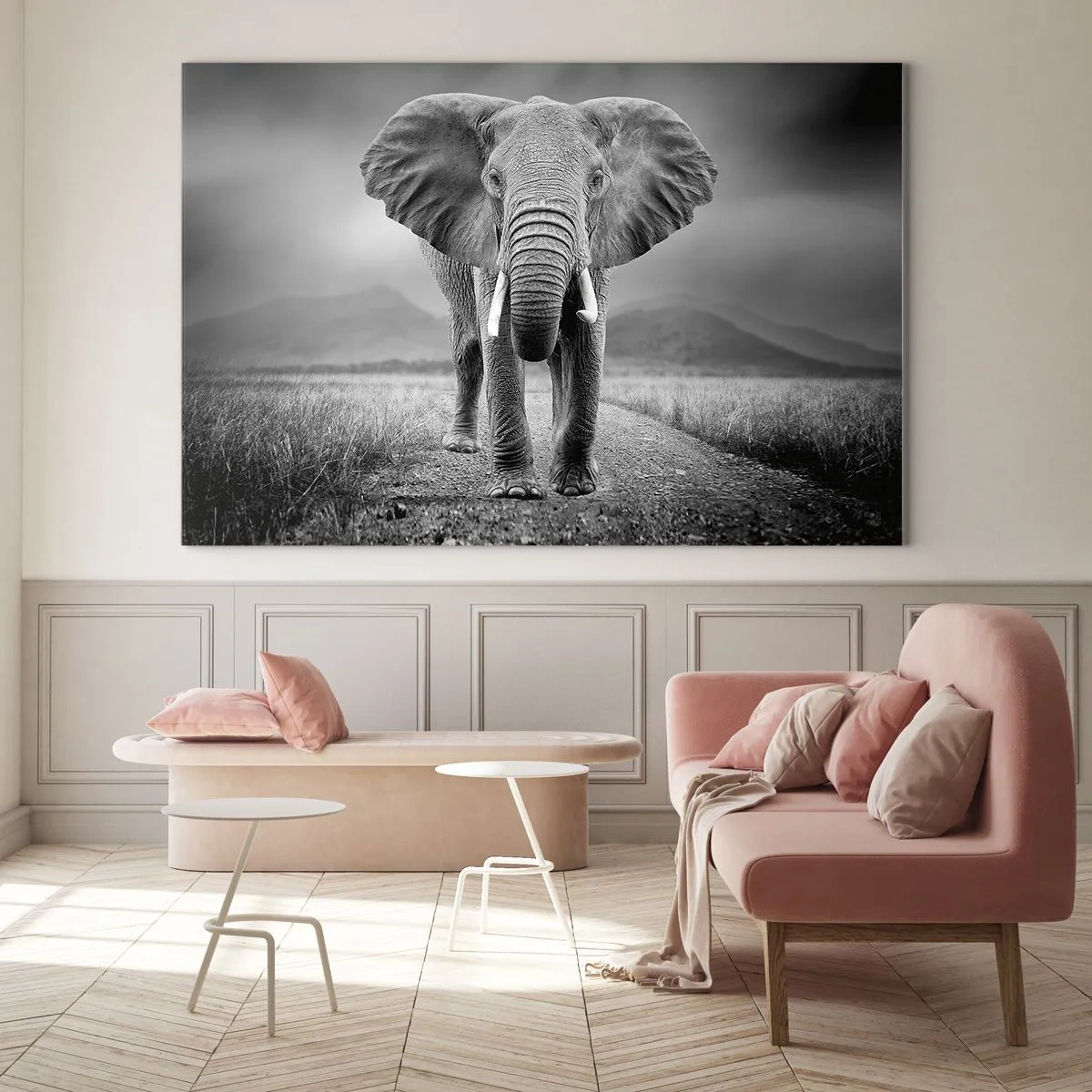 Impression sur verre - Image sur verre - Éléphant dans la savane en noir et blanc - 120x80cm - Les hôtes vous saluent - Décoration murale moderne pour le salon et la chambre ARTTOR
