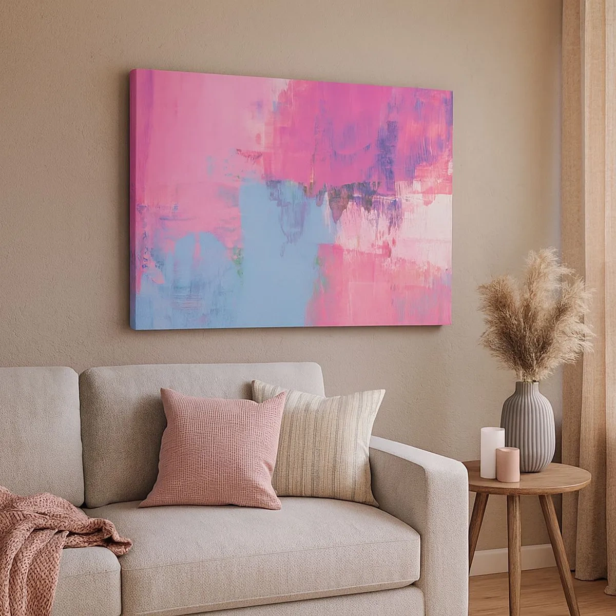 Impression sur toile - Image sur toile - Composition abstraite en rose et bleu - 70x50cm - Du rose, du bleu et une pincée de lumière - Décoration murale moderne pour le salon et la chambre ARTTOR