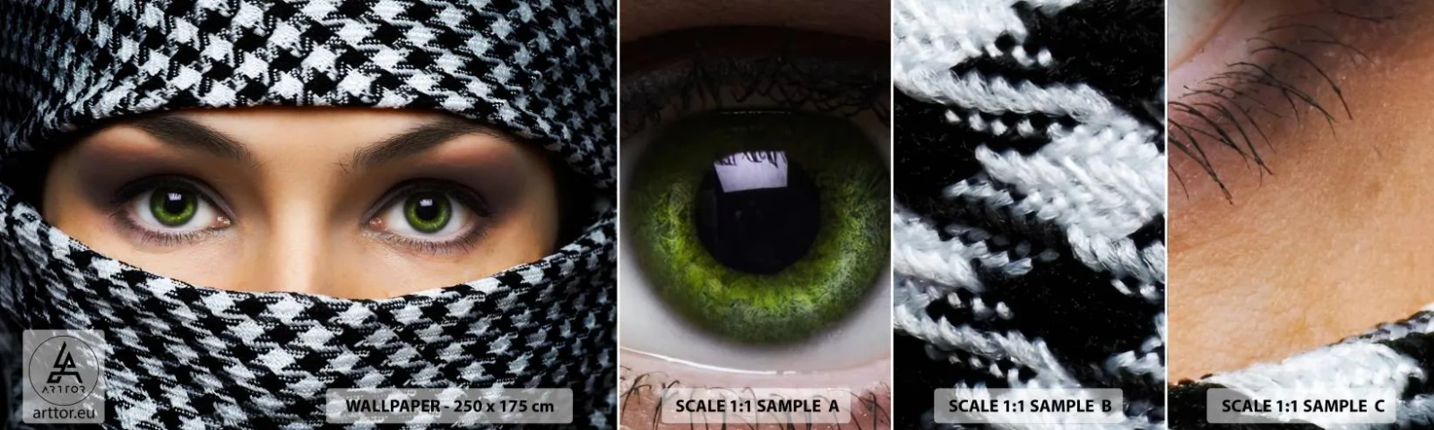 Échantillon de Papier Peint Autocollant Deluxe Sticker - Un portrait d'une beauté voilée aux yeux verts - Femme, Yeux, Culture - 100x30 cm