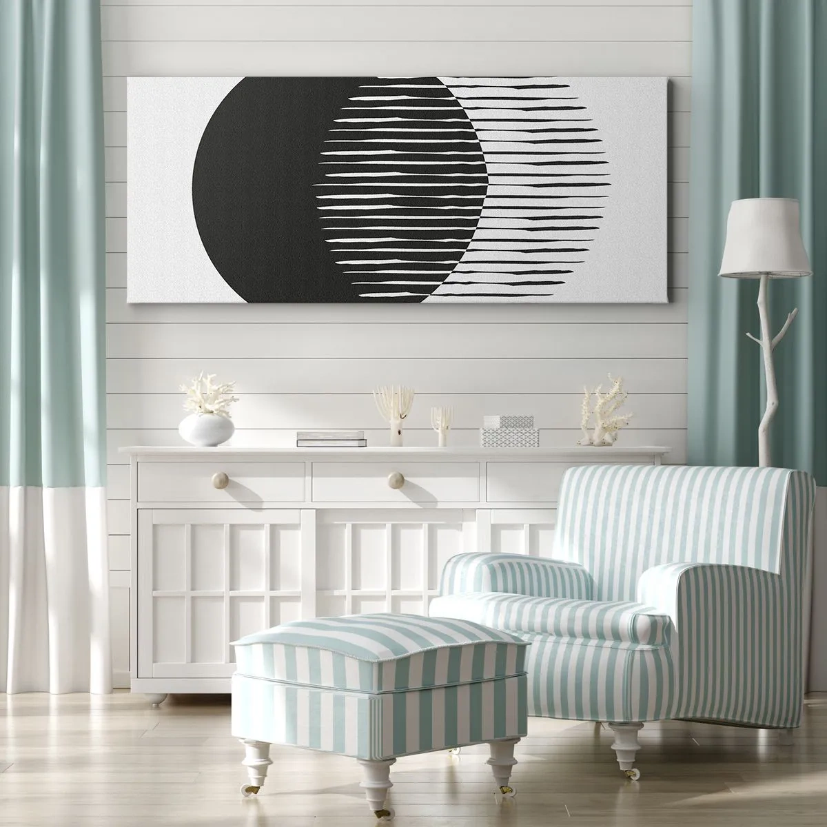 Impression sur toile - Image sur toile - Deux cercles superposés avec des lignes noires et blanches - 120x50cm - Son alter ego - Décoration murale moderne pour le salon et la chambre ARTTOR