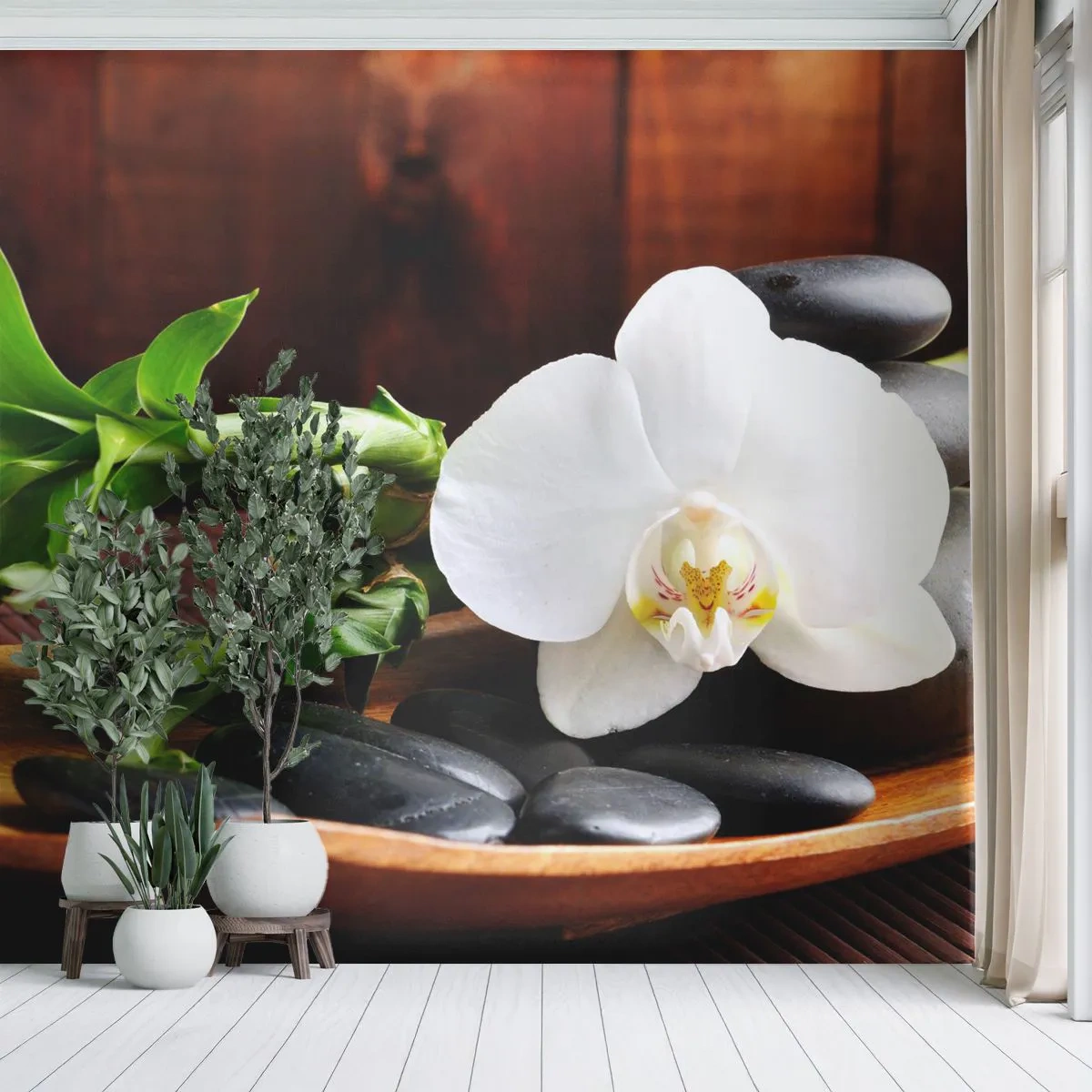 Papier Peint Photo Premium Sand - Orchidée blanche et bambou sur un plateau en bois avec des pierres - 100x70cm - Cédez au contact de la nature - Décoration murale moderne pour le salon et la chambre ARTTOR