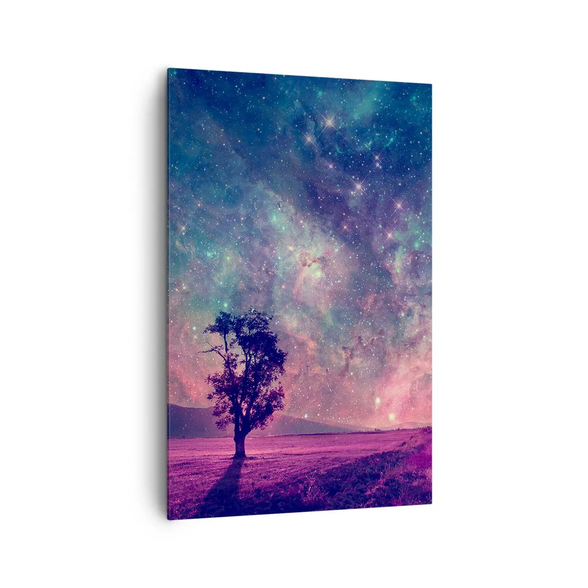 Impression sur toile - Image sur toile - Un arbre contre un ciel étoilé aux couleurs violettes et bleues - 80x120cm - Sous un ciel magique - Décoration murale moderne pour le salon et la chambre ARTTOR