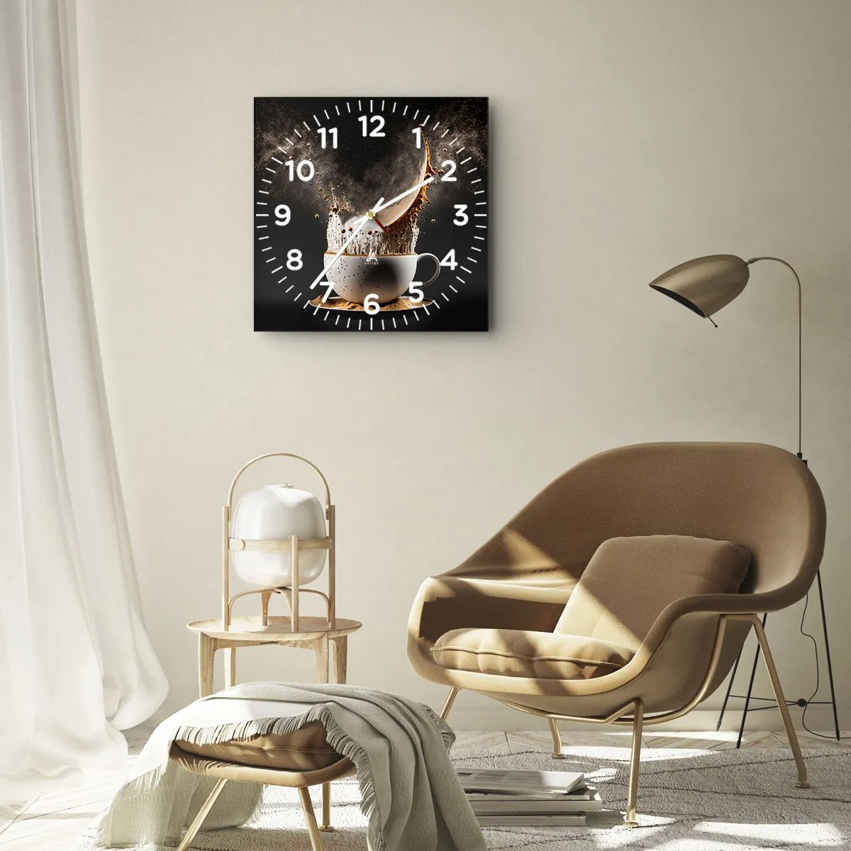 Horloge murale - Pendule murale - Une tasse de café avec une explosion dynamique de liquide sur fond noir. - 30x30cm - Une explosion de saveur - Décoration murale moderne pour le salon et la chambre ARTTOR