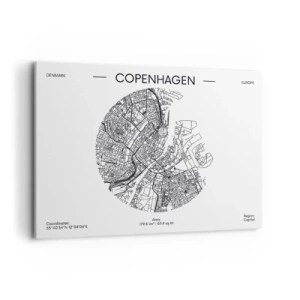 Impression sur toile - Image sur toile - Une carte de Copenhague dans un style minimaliste en noir et blanc. - 100x70cm - Anatomie de Copenhague - Décoration murale moderne pour le salon et la chambre ARTTOR