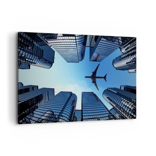 Impression sur toile - Image sur toile - Un avion survolant des gratte-ciels modernes dans le centre-ville. - 120x80cm - La vue depuis le ravin de verre - Décoration murale moderne pour le salon et la chambre ARTTOR