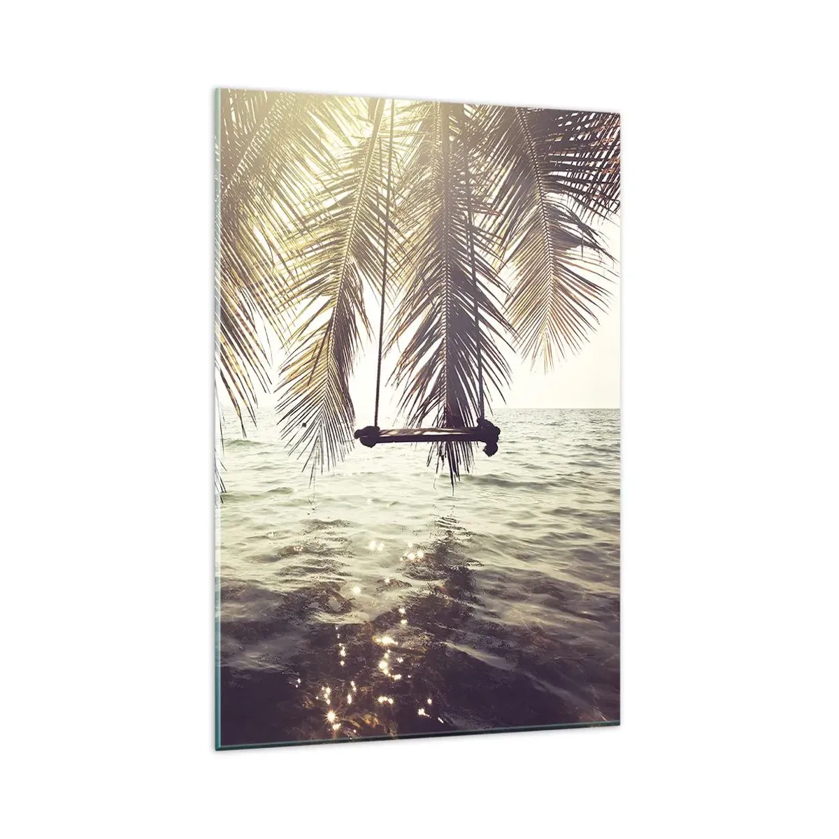 Impression sur verre - Image sur verre - Palmier avec une balançoire au-dessus de l'eau au soleil - 80x120cm - Vous pouvez vous balancer dans les nuages