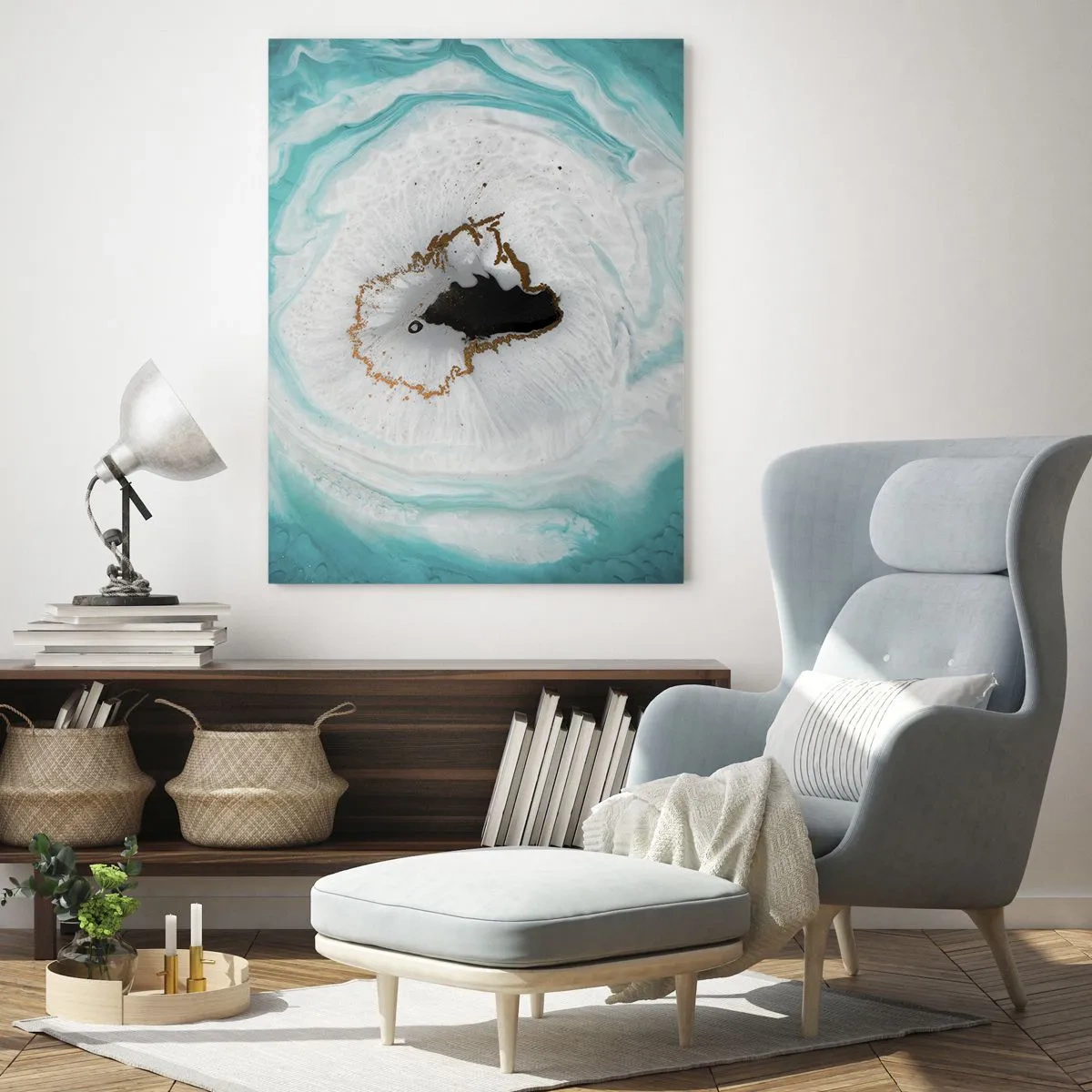 Impression sur verre - Image sur verre - Motif de géode abstrait dans des tons de turquoise, blanc et or - 70x100cm - Pénétrer à l'intérieur - Décoration murale moderne pour le salon et la chambre ARTTOR