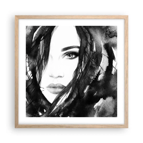 Affiche dans un chêne clair - Poster - Portrait d'une dame en noir et blanc - 50x50 cm
