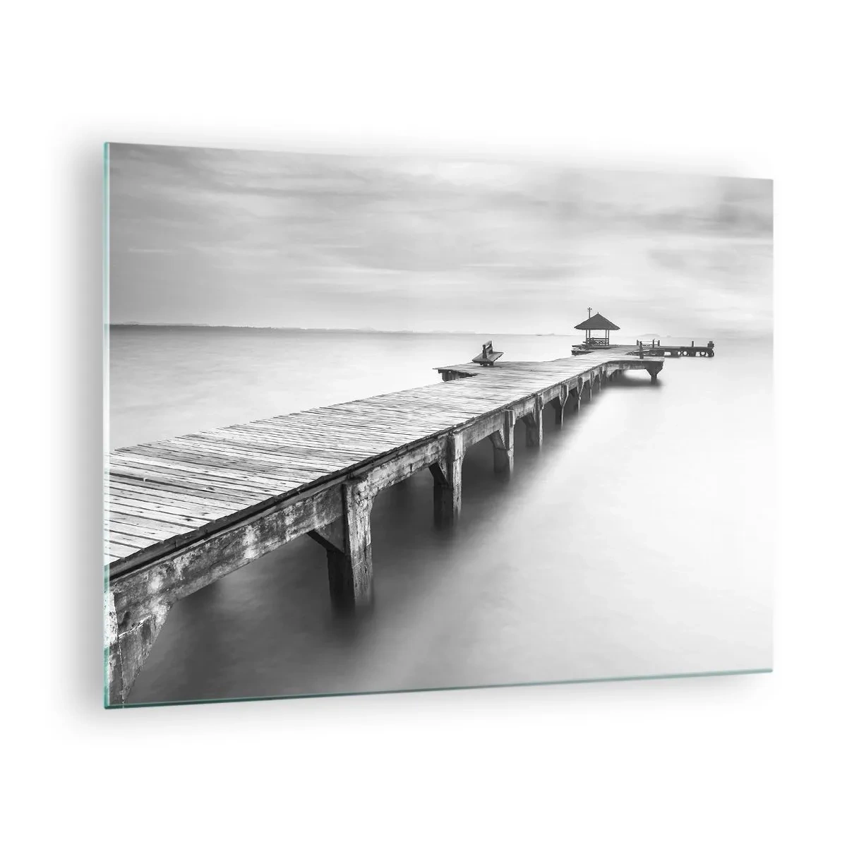 Impression sur verre - Image sur verre - Jetée en bois en noir et blanc surplombant le lac - 70x50cm - À l'horizon - Décoration murale moderne pour le salon et la chambre ARTTOR