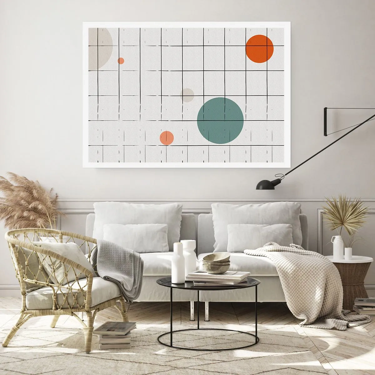 Affiche - Poster - Cercles colorés abstraits sur un fond de grille géométrique - 100x70cm - Piégé. Nous ou eux ? - Décoration murale moderne pour le salon et la chambre ARTTOR