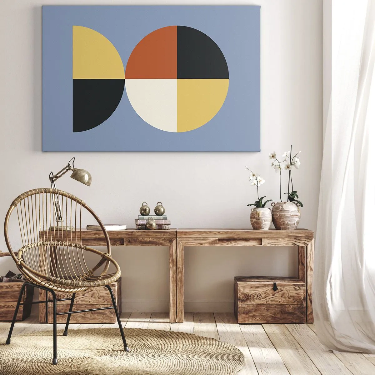 Impression sur toile - Image sur toile - Cercles géométriques sur fond bleu - 70x50cm - Regarde et compte - Décoration murale moderne pour le salon et la chambre ARTTOR