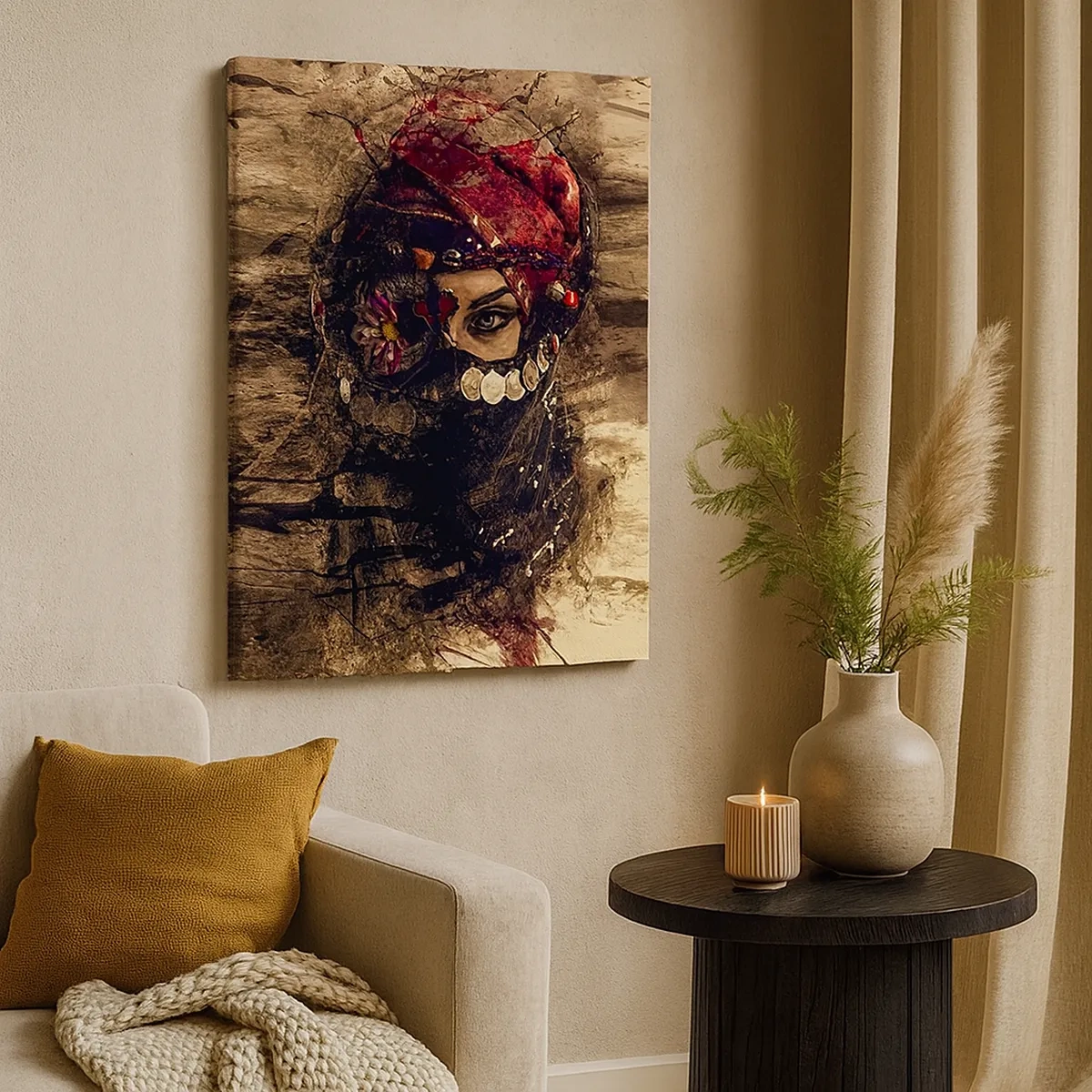 Impression sur toile - Image sur toile - Portrait artistique d'une femme en tenue orientale sur fond abstrait. - 50x70cm - Inquiétant, c'est le moins qu'on puisse dire - Décoration murale moderne pour le salon et la chambre ARTTOR