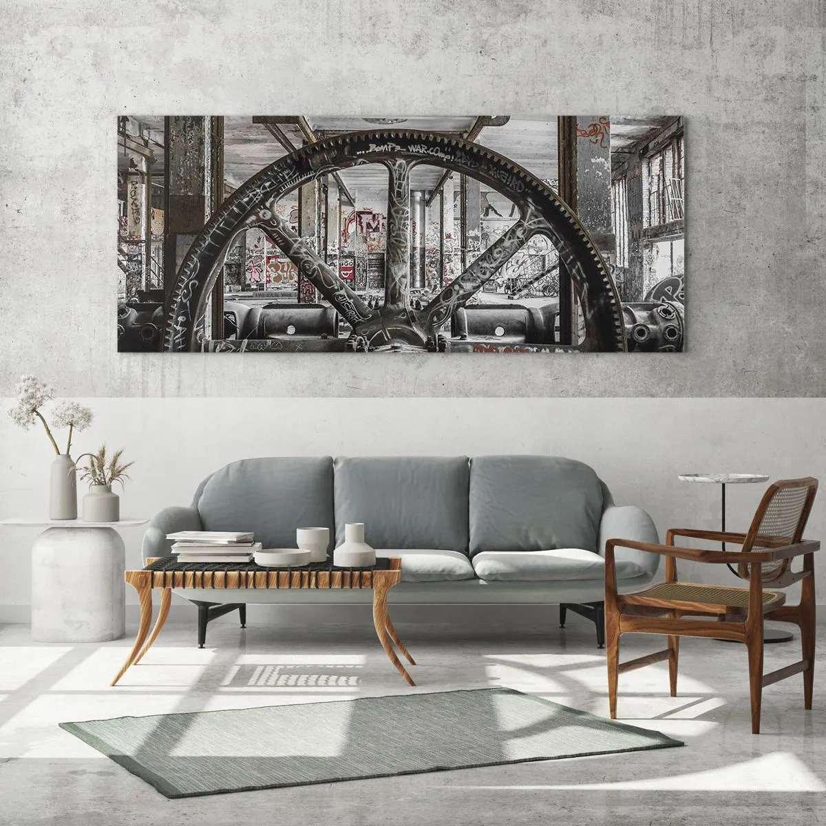 Impression sur verre - Image sur verre - Un vieux mécanisme dans un intérieur industriel abandonné - 120x50cm - Vie secrète d'une usine - Décoration murale moderne pour le salon et la chambre ARTTOR