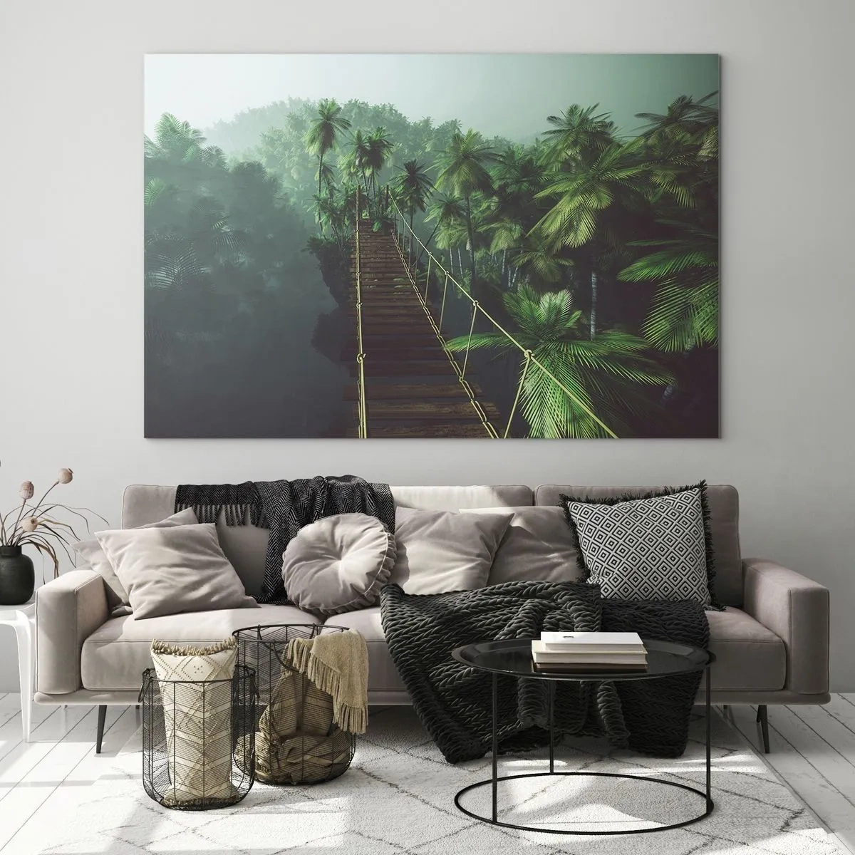 Impression sur verre - Image sur verre - Un pont de corde dans la jungle entouré de palmiers - 100x70cm - Au fil de la verdure - Décoration murale moderne pour le salon et la chambre ARTTOR