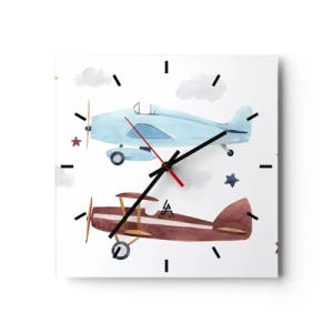 Horloge murale - Pendule murale - Avions peints à la main sur fond de nuages et d'étoiles - 30x30cm - Monsieur le pilote, nous vous attendons ! - Décoration murale moderne pour le salon et la chambre ARTTOR