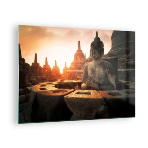 Impression sur verre - Image sur verre - Une statue de Bouddha illuminée par le soleil couchant dans un ancien complexe de temples - 70x50cm - Temps de grande sagesse - Décoration murale moderne pour le salon et la chambre ARTTOR
