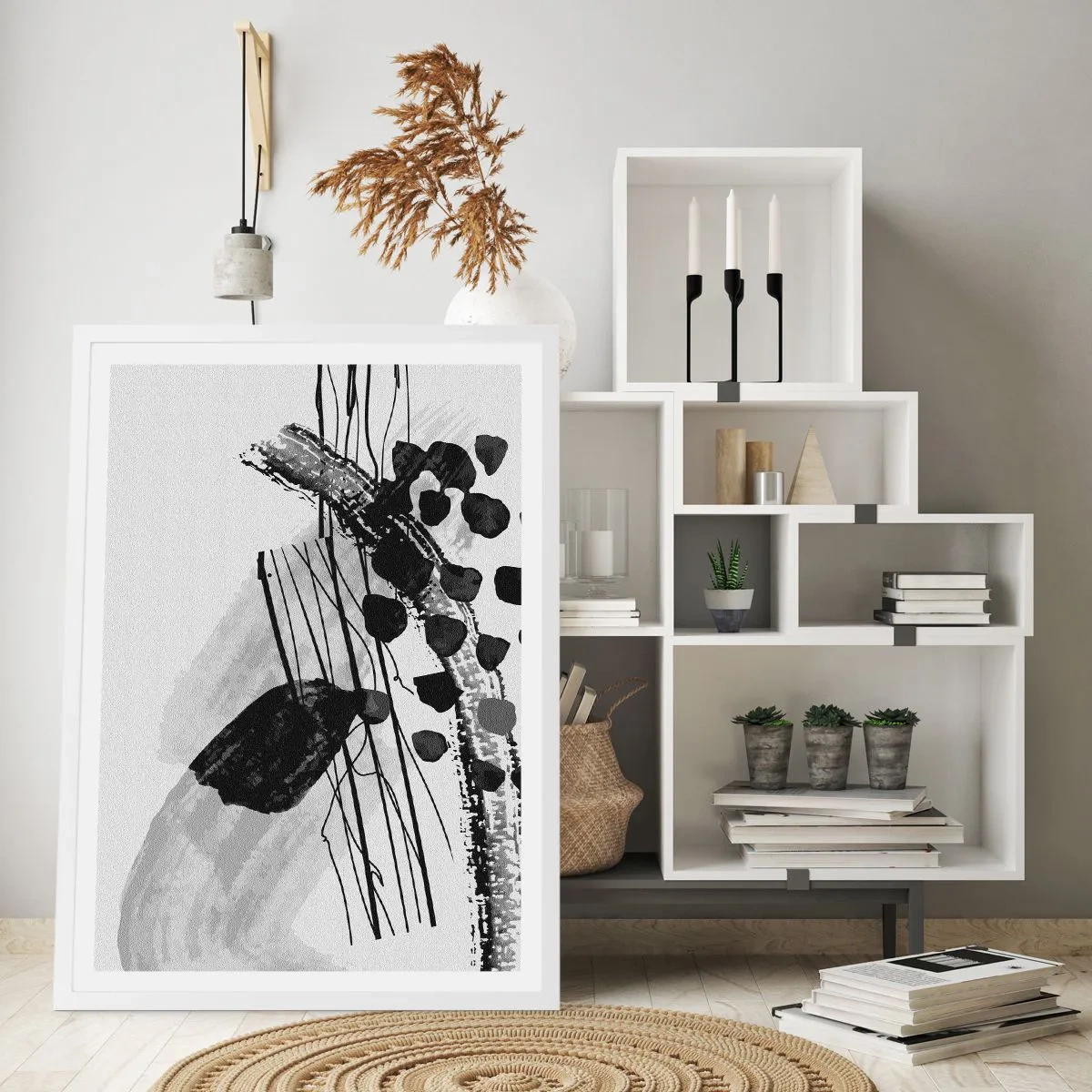 Affiche dans un cadre blanc - Poster - Abstraction organique noir et blanc - 70x100 cm
