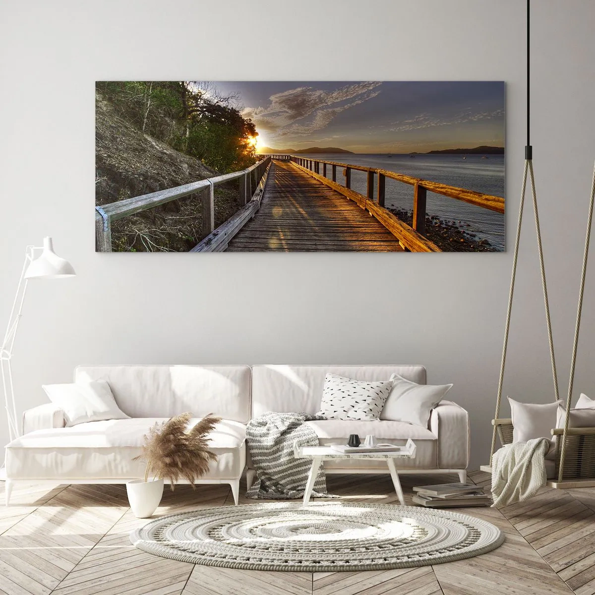 Impression sur verre - Image sur verre - Une jetée en bois mène vers le coucher de soleil sur l'eau - 120x50cm - Aller, aller tout le temps en direction du soleil - Décoration murale moderne pour le salon et la chambre ARTTOR