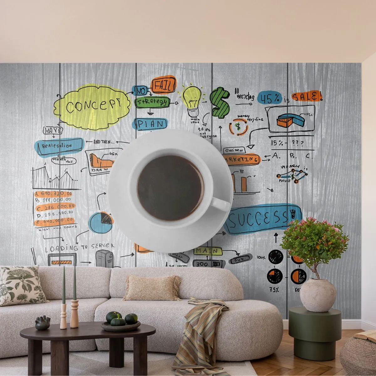 Papier Peint Photo Premium Sand - Une tasse de café avec des croquis d'affaires sur bois en arrière-plan - 100x70cm - Il est temps de faire une pause - Décoration murale moderne pour le salon et la chambre ARTTOR