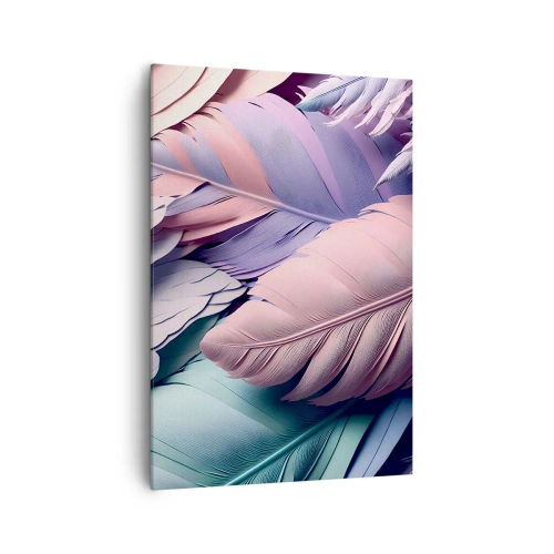 Impression sur toile - Image sur toile - Plumes colorées dans des tons pastel sur un fond clair - 70x100cm - Oiseau chic - Décoration murale moderne pour le salon et la chambre ARTTOR