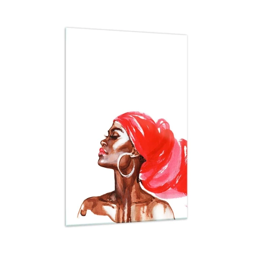Impression sur verre - Image sur verre - Profil d'une femme avec un turban rouge et des boucles d'oreilles - 70x100cm - "Les cheveux dans le vent" - Décoration murale moderne pour le salon et la chambre ARTTOR
