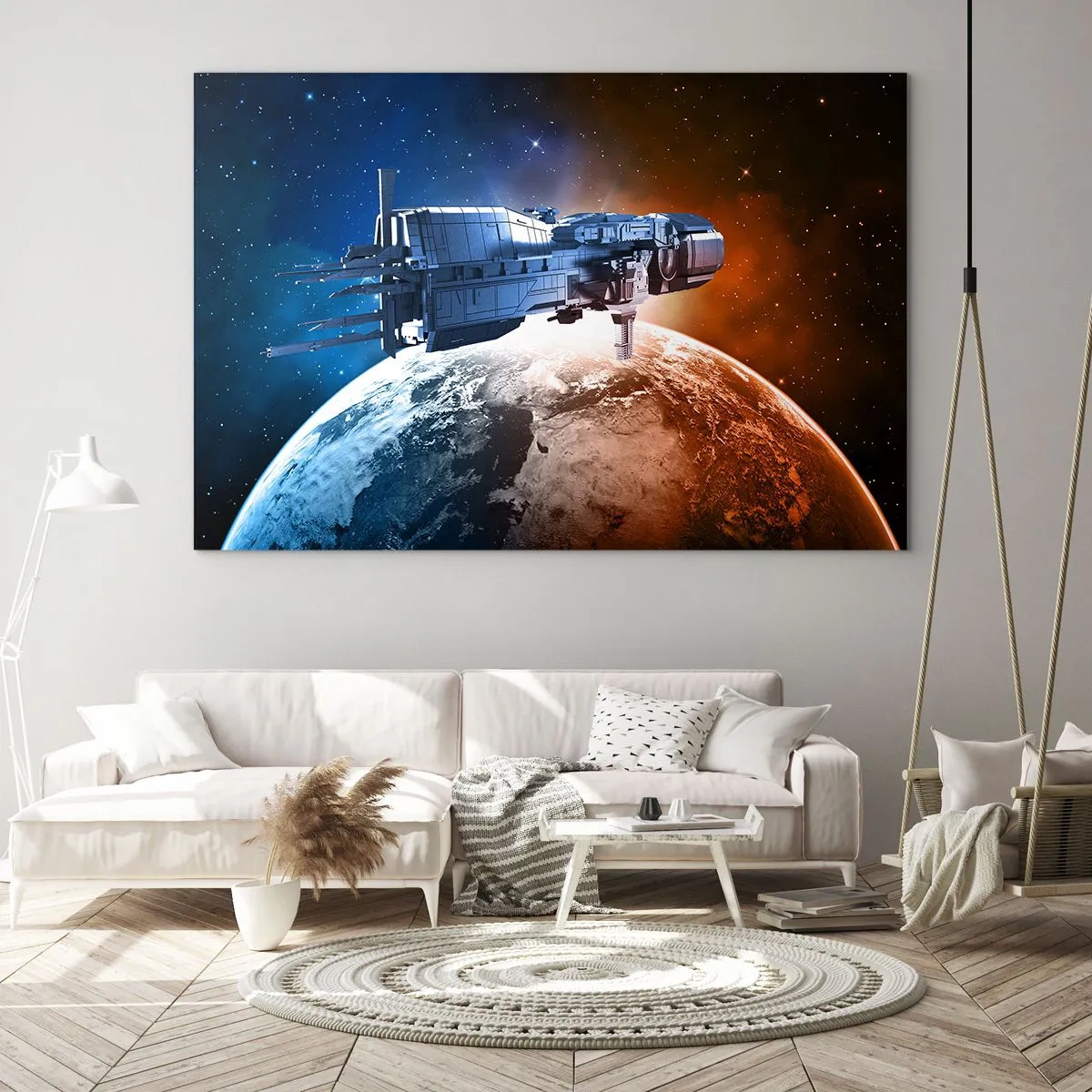 Impression sur verre - Image sur verre - Un vaisseau spatial en orbite autour d'une planète à la lumière des étoiles - 70x50cm - Un observateur attentif - Décoration murale moderne pour le salon et la chambre ARTTOR