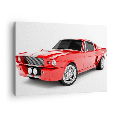 Impression sur toile - Image sur toile - Voiture de sport rouge à rayures blanches - 70x50cm - Une Mustang aussi rapide que le vent - Décoration murale moderne pour le salon et la chambre ARTTOR