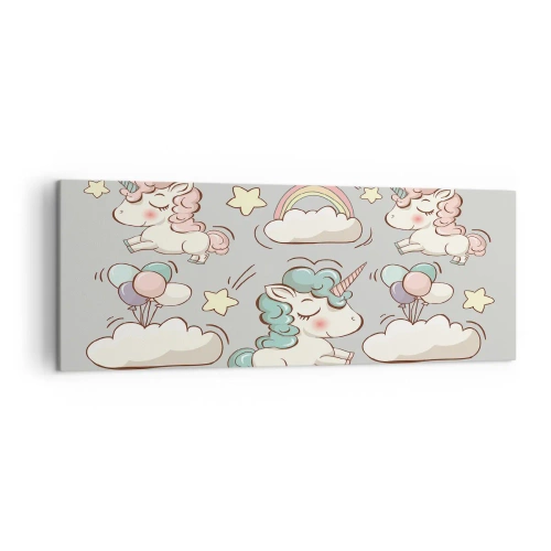 Impression sur toile - Image sur toile - Licornes mignonnes sur fond pastel - 140x50cm - Ils existe, c'est sûr… - Décoration murale moderne pour le salon et la chambre ARTTOR