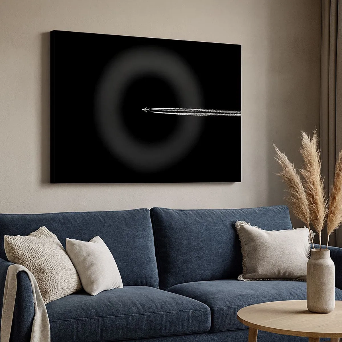 Impression sur toile - Image sur toile - Un avion à réaction avec une traînée de condensation visible sur fond noir - 70x50cm - Dans une autre dimension - Décoration murale moderne pour le salon et la chambre ARTTOR