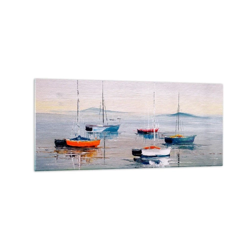 Impression sur verre - Image sur verre - Bateaux colorés sur une eau calme - 120x50cm - Un repos bien mérité - Décoration murale moderne pour le salon et la chambre ARTTOR