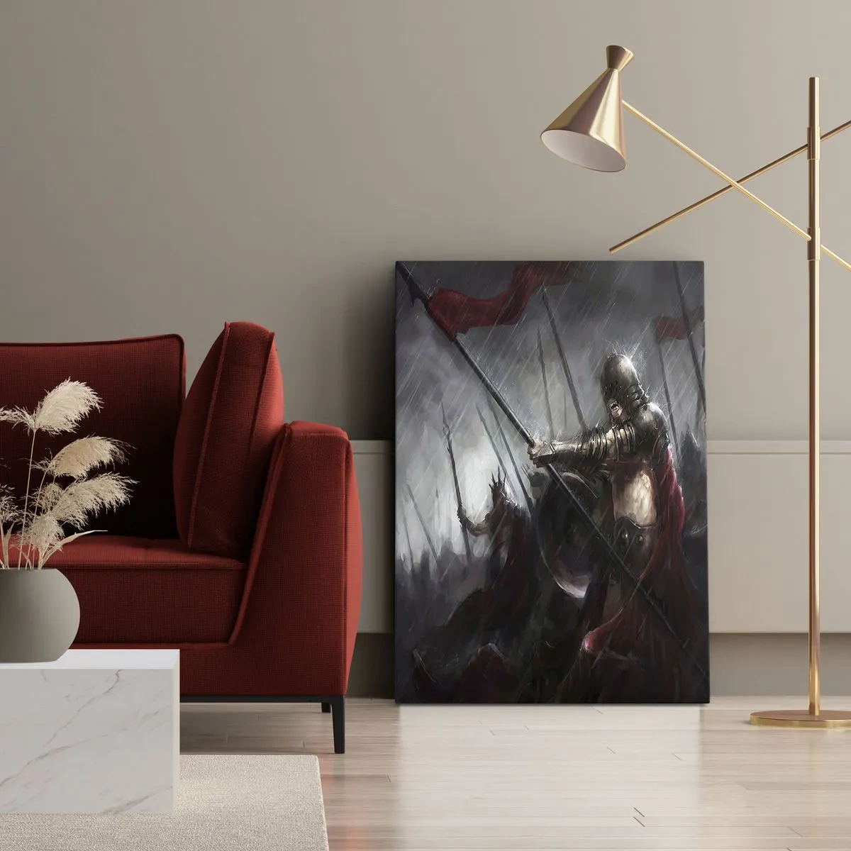 Impression sur toile - Image sur toile - Chevaliers marchant vers le champ de bataille sous la pluie - 80x120cm - Passant, dis à Sparte… - Décoration murale moderne pour le salon et la chambre ARTTOR