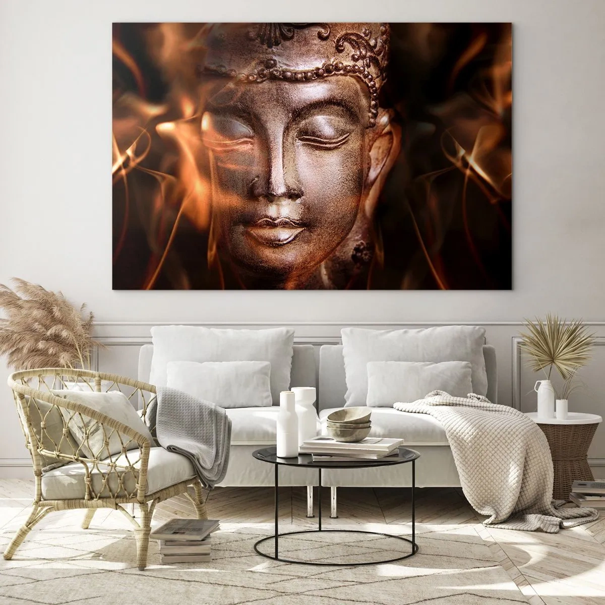Impression sur verre - Image sur verre - Le visage brumeux du Bouddha dans des tons chauds d'or et de marron - 120x80cm - Il n'existe qu'ici et maintenant - Décoration murale moderne pour le salon et la chambre ARTTOR