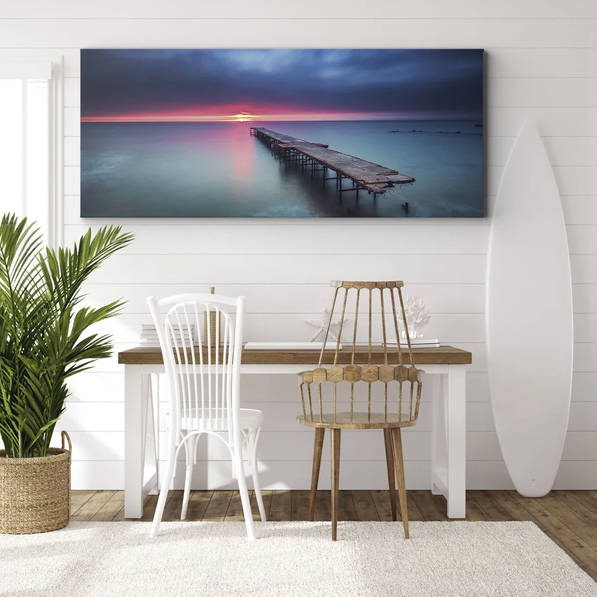 Impression sur toile - Image sur toile - Une jetée en bois menant directement à la mer au coucher du soleil - 120x50cm - Entre le ciel et la terre - Décoration murale moderne pour le salon et la chambre ARTTOR