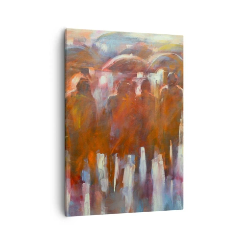 Impression sur toile - Image sur toile - Une foule de personnes avec des parapluies dans un décor pluvieux et artistique - 50x70cm - Identiques sous la pluie et dans le brouillard - Décoration murale moderne pour le salon et la chambre ARTTOR
