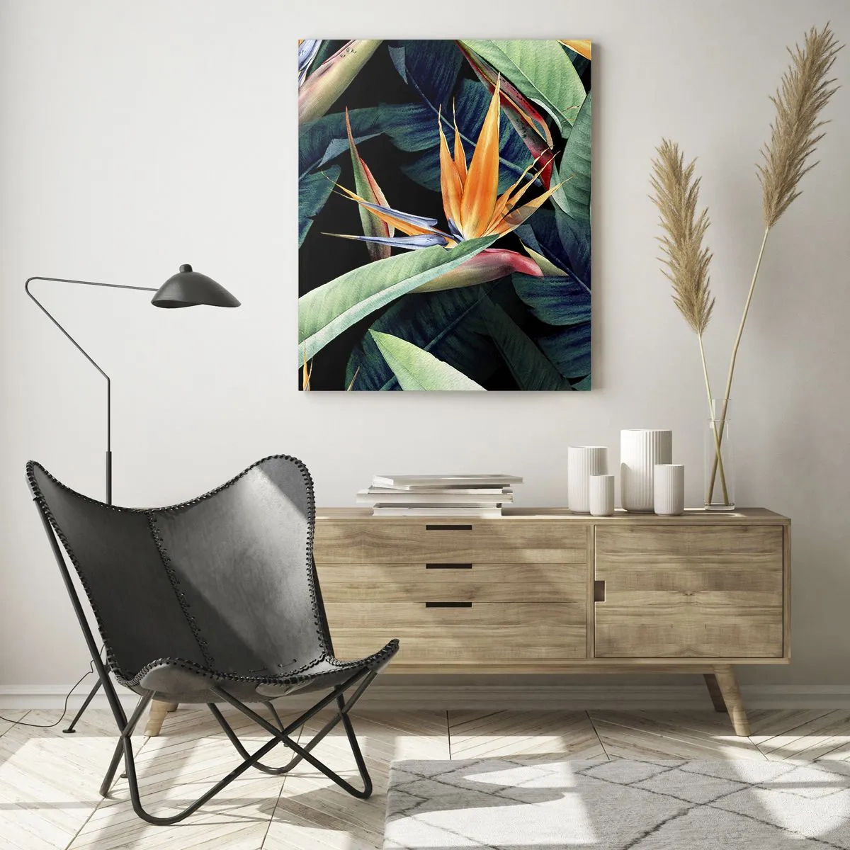 Impression sur verre - Image sur verre - Fleurs et feuilles tropicales sur fond noir - 70x100cm - Fleurs flamboyantes des tropiques - Décoration murale moderne pour le salon et la chambre ARTTOR