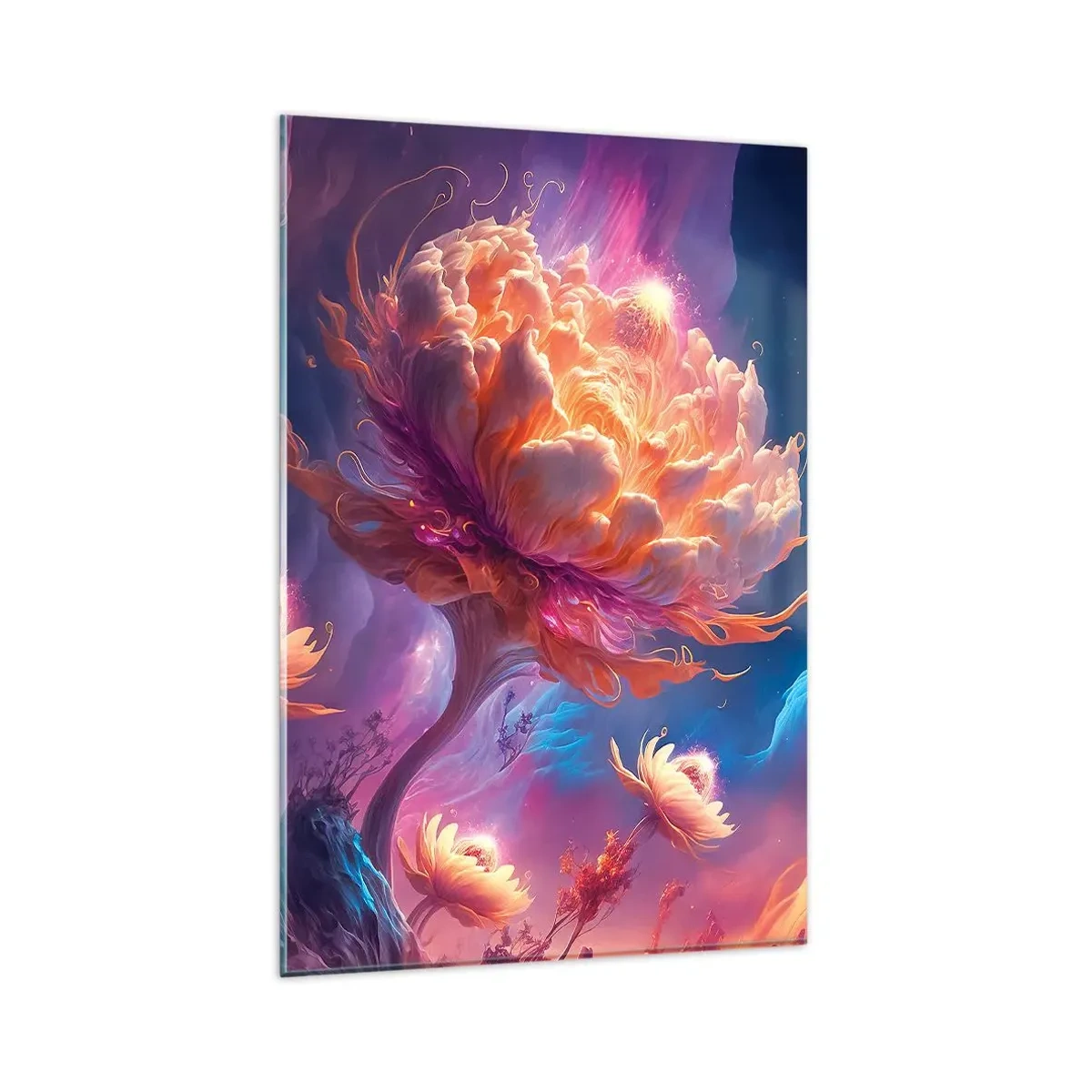 Impression sur verre - Image sur verre - Fleurs fantastiques dans un paysage cosmique - 80x120cm - Un autre monde - Décoration murale moderne pour le salon et la chambre ARTTOR