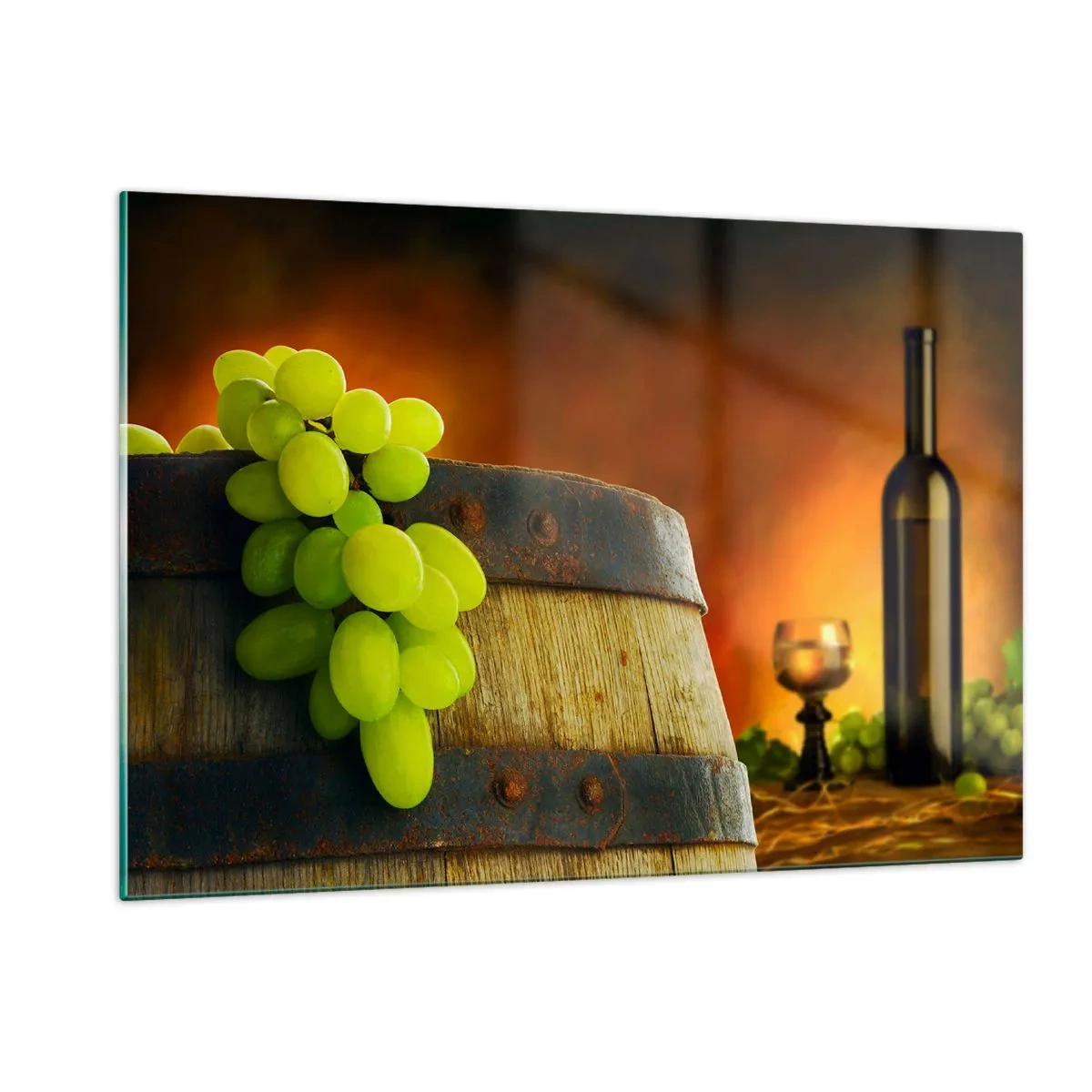 Impression sur verre - Image sur verre - Raisins sur un tonneau dans un cadre rustique avec du vin en arrière-plan - 120x80cm - Nature morte avec une bouteille de vin et une grappe de raisin - Décoration murale moderne pour le salon et la chambre ARTTOR