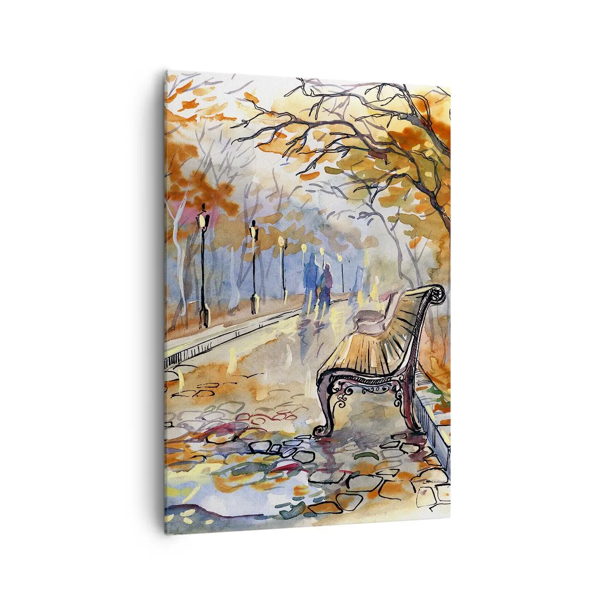 Impression sur toile - Image sur toile - Un parc d'automne avec un banc à l'aquarelle - 70x100cm - Errer ensemble à l'automne - Décoration murale moderne pour le salon et la chambre ARTTOR