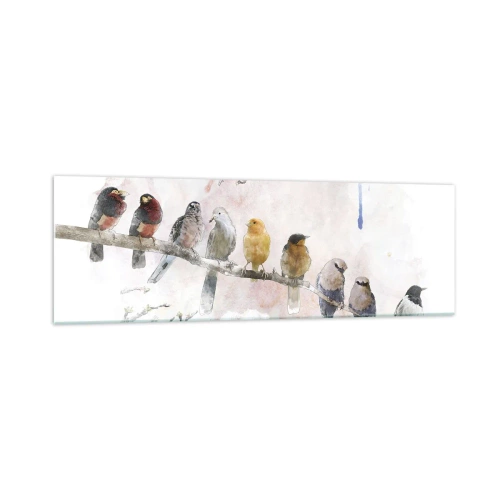 Impression sur verre - Image sur verre - Oiseaux colorés sur une branche dans un style aquarelle - 160x50cm - Rencontre ailée - Décoration murale moderne pour le salon et la chambre ARTTOR