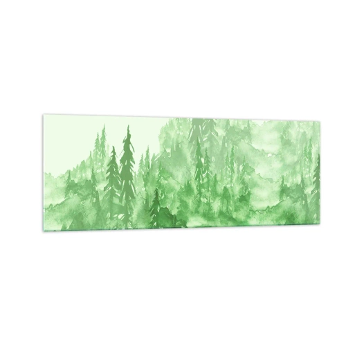 Impression sur verre - Image sur verre - Forêt verte dans un style aquarelle sur un fond clair - 140x50cm - Flou de brouillard vert - Décoration murale moderne pour le salon et la chambre ARTTOR