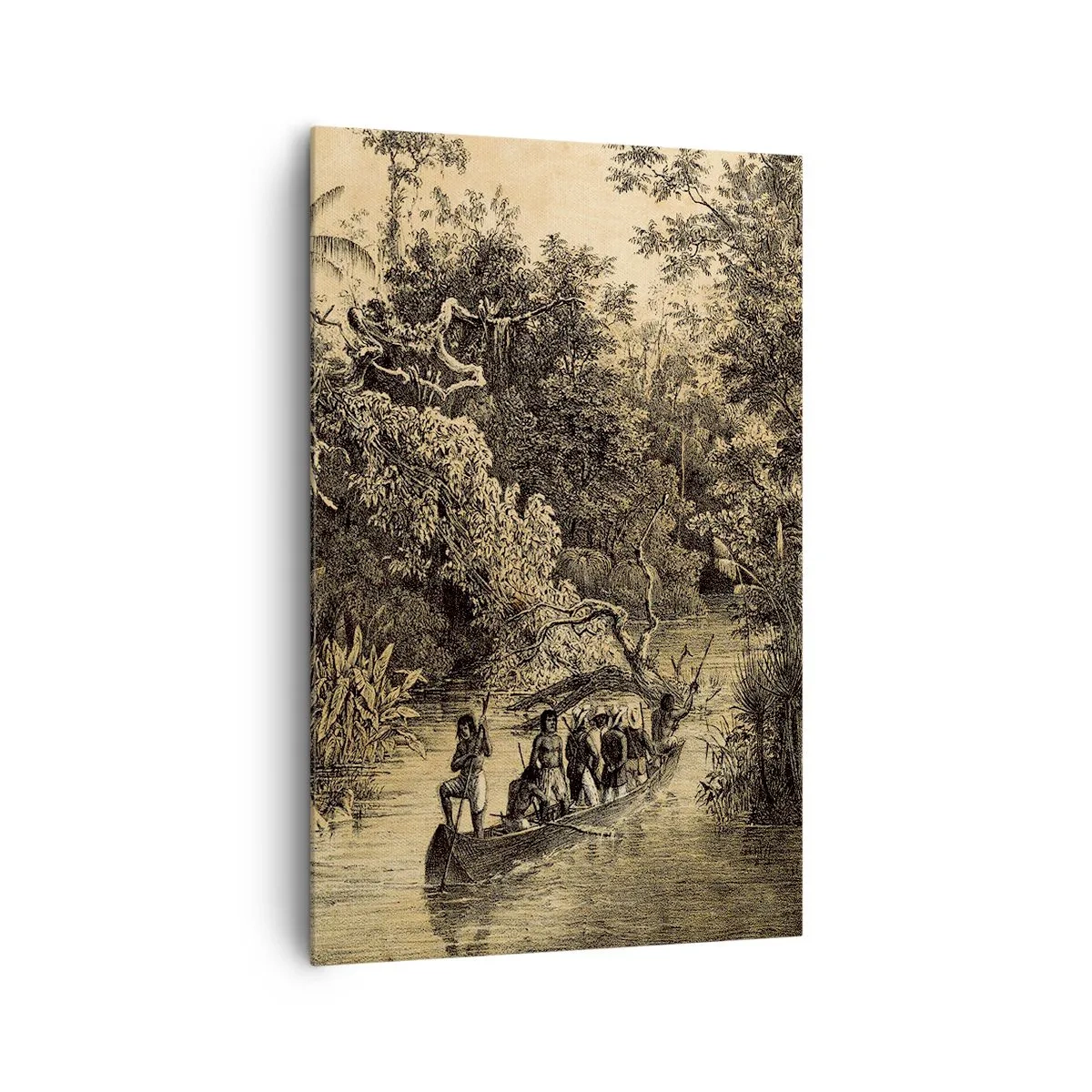 Impression sur toile - Image sur toile - Dessin d'une jungle avec un bateau sur une rivière - 80x120cm - Expédition à la source - Décoration murale moderne pour le salon et la chambre ARTTOR