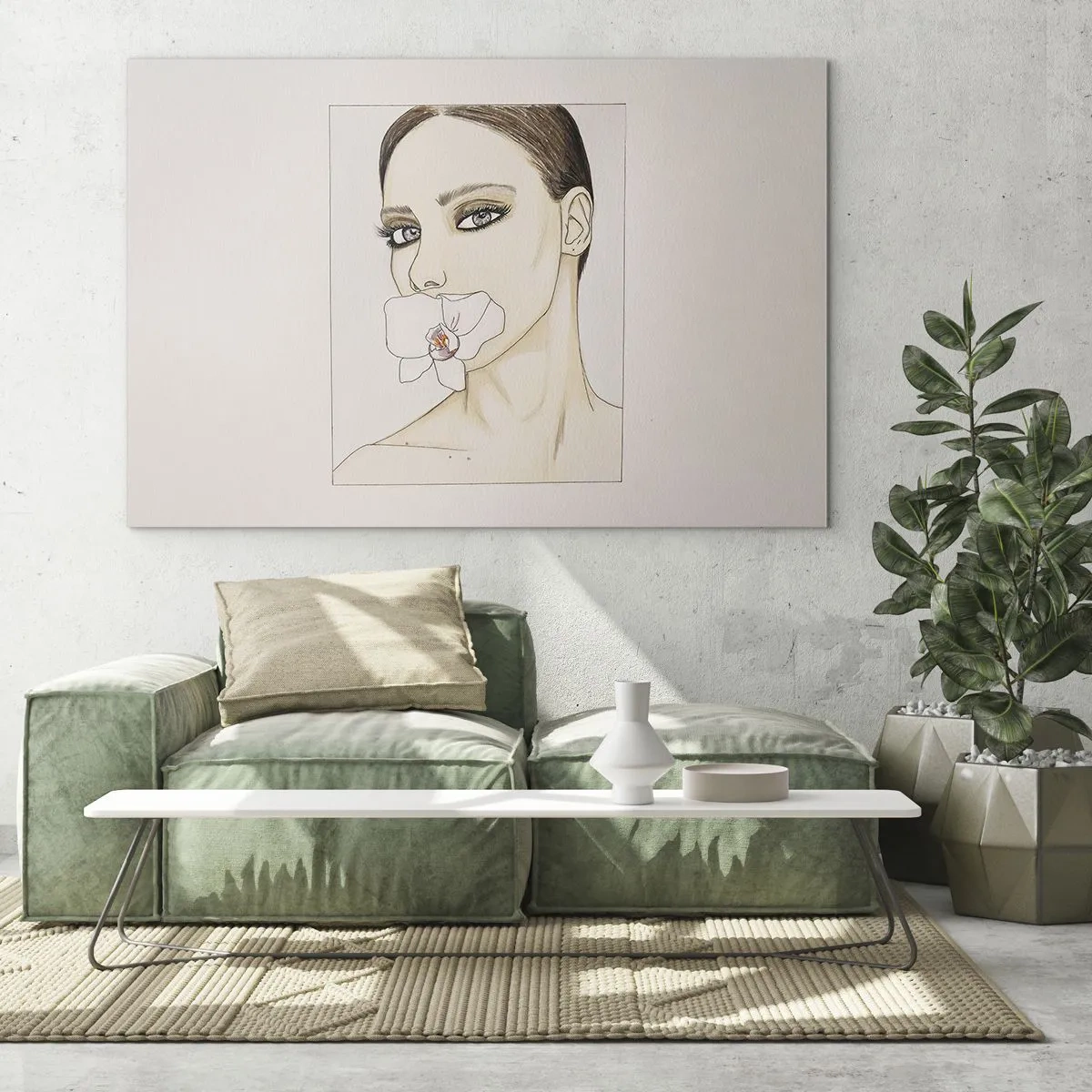 Impression sur verre - Image sur verre - Portrait d'une femme avec une orchidée dans la bouche sur un fond clair - 100x70cm - Symbole de l'élégance et de la beauté - Décoration murale moderne pour le salon et la chambre ARTTOR