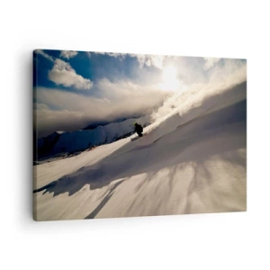 Impression sur toile - Image sur toile - Un skieur sur une piste entourée de montagnes et de neige - 70x50cm - Défi montagne accepté - Décoration murale moderne pour le salon et la chambre ARTTOR