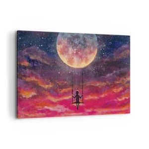 Impression sur toile - Image sur toile - Une silhouette sur une balançoire suspendue contre la lune - 120x80cm - Se balancer dans les nuages - Décoration murale moderne pour le salon et la chambre ARTTOR