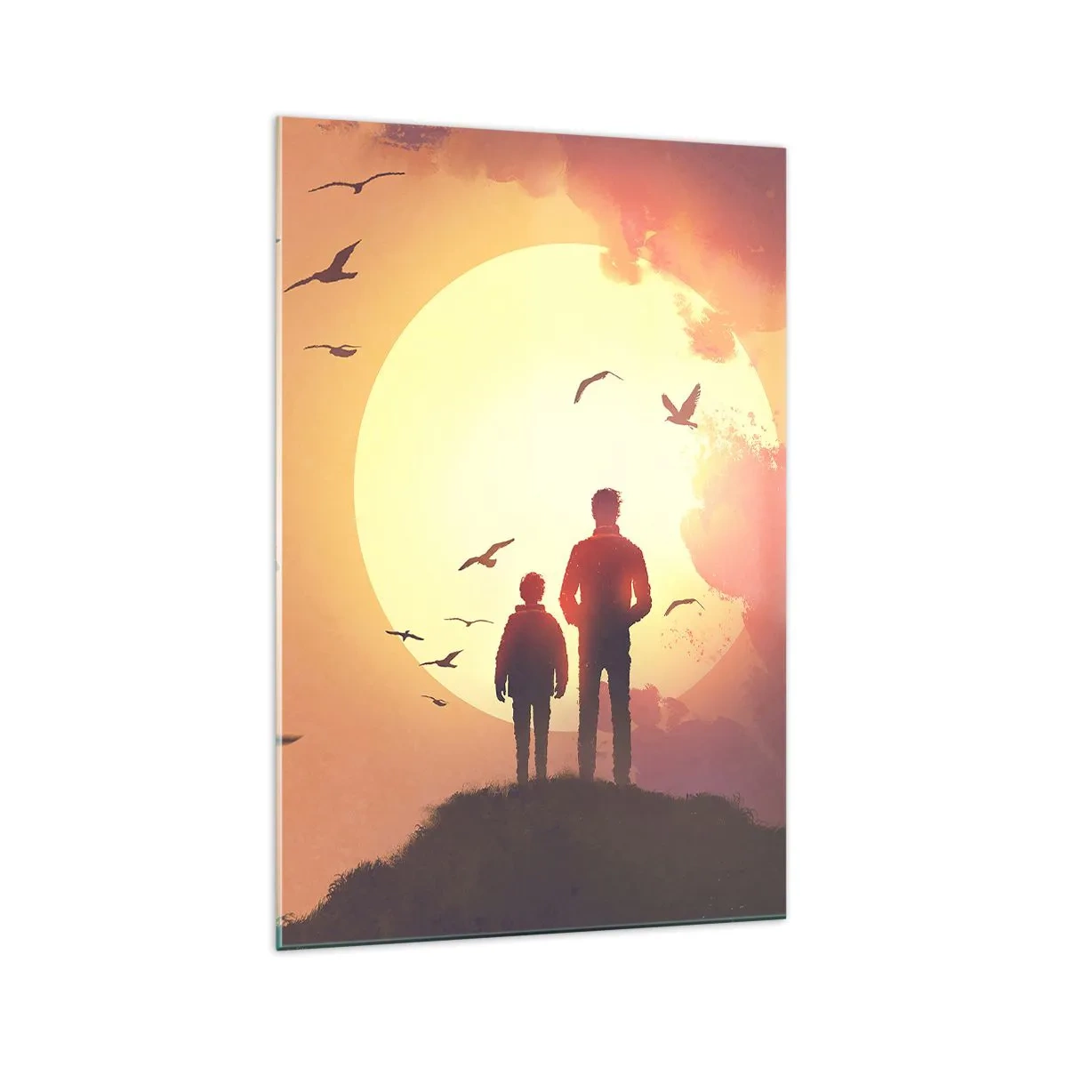 Impression sur verre - Image sur verre - Personnages sur fond de soleil couchant - 70x100cm - Face à face avec le soleil - Décoration murale moderne pour le salon et la chambre ARTTOR