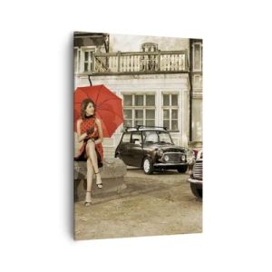 Impression sur toile - Image sur toile - Femme avec un parapluie rouge par des voitures classiques - 70x100cm - Un mini-voyage sentimental - Décoration murale moderne pour le salon et la chambre ARTTOR