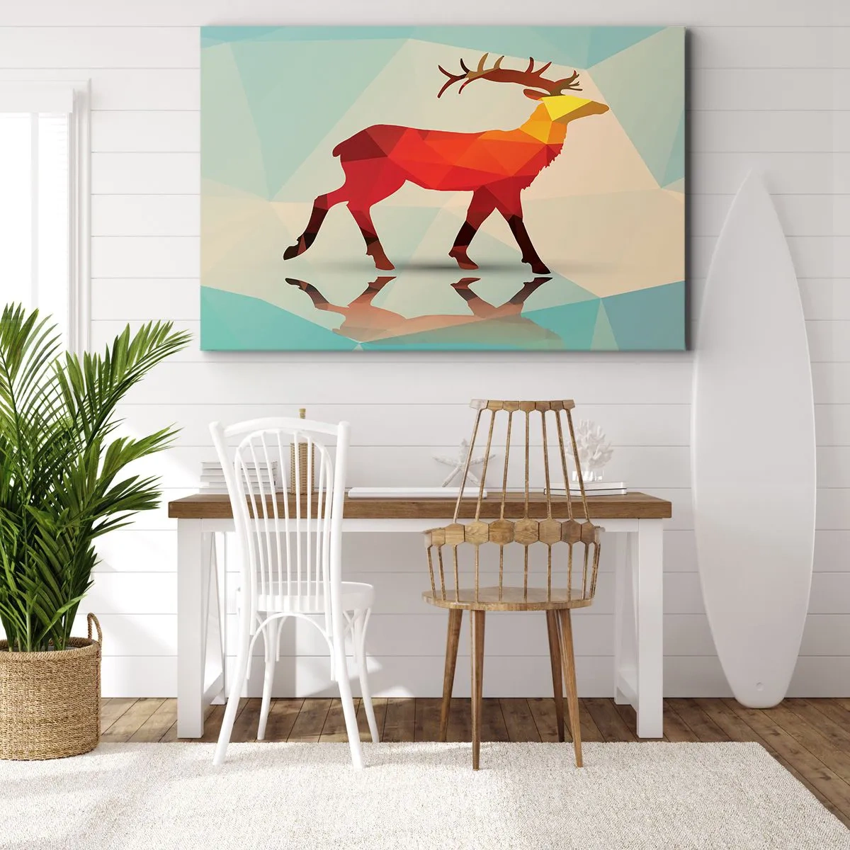 Impression sur toile - Image sur toile - Silhouette géométrique d'un cerf dans les tons de rouge et d'orange - 120x80cm - Cerf géométrique - Décoration murale moderne pour le salon et la chambre ARTTOR