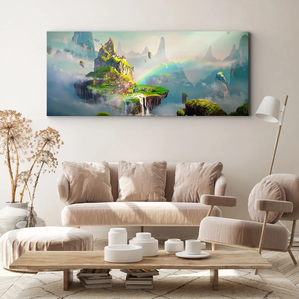 Impression sur toile - Image sur toile - Des îles volantes parmi les nuages avec un arc-en-ciel à l'horizon - 120x50cm - Au milieu des cieux - îles du bonheur - Décoration murale moderne pour le salon et la chambre ARTTOR